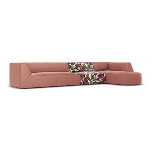 Canapé d'angle droit "Charles" 5 places en velours motif de rose de jardin,rose