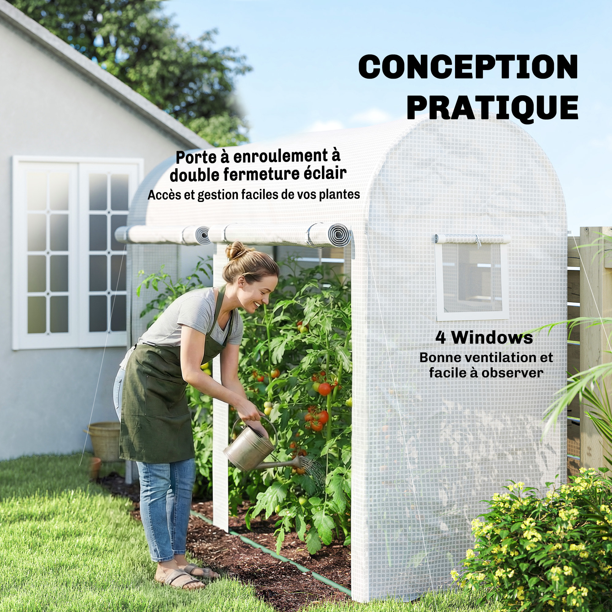 Serre de Jardin serre à tomates dim. 3 x 1 x 2 m 2 portes 4 fenêtres acier PE haute densité blanc