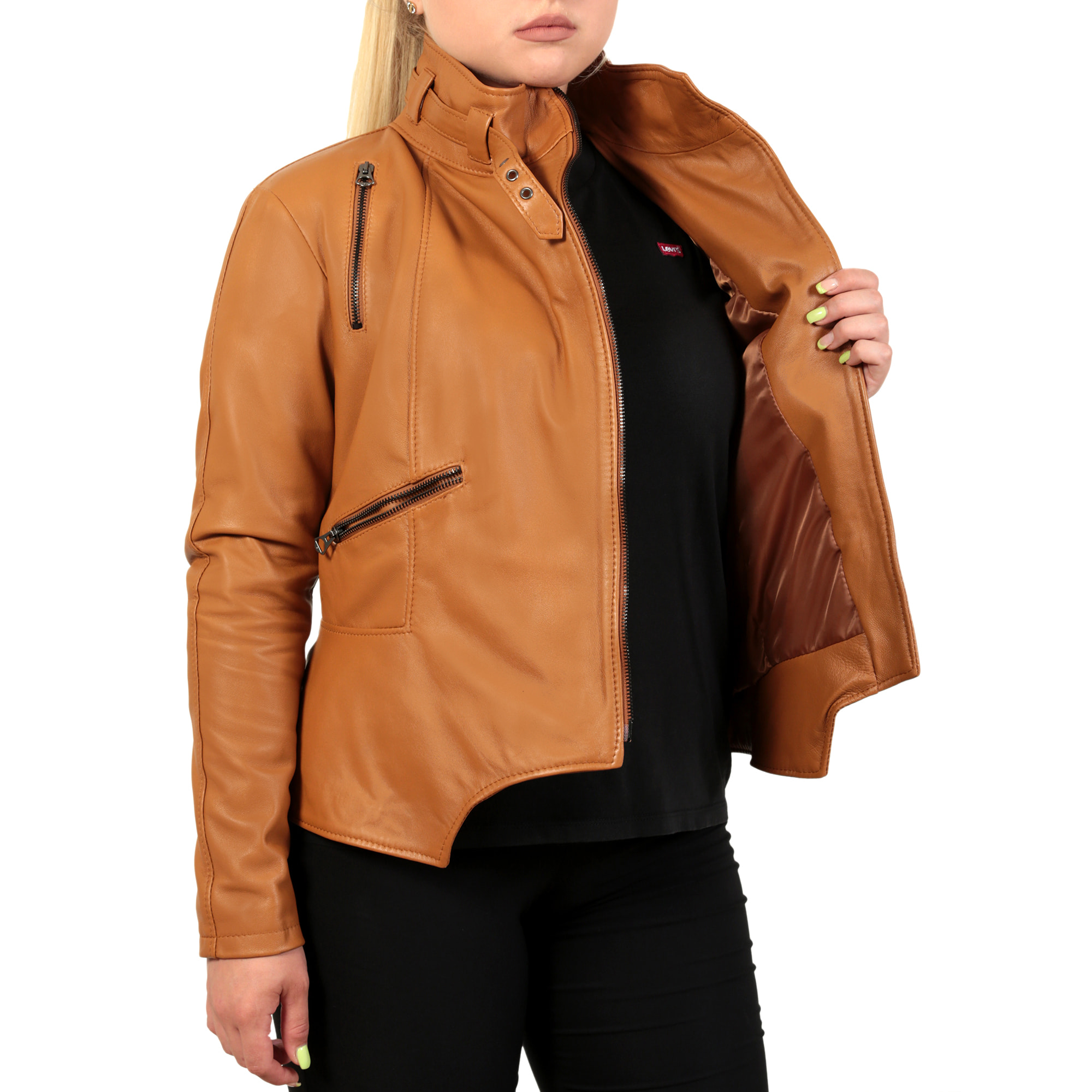 Giubbino in vera pelle di vitello Cuoio- Slim Fit