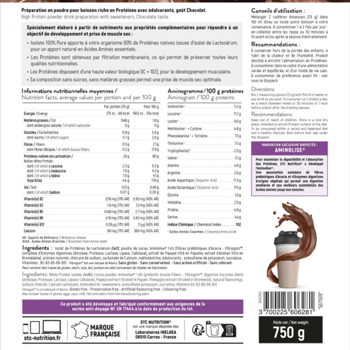 STC NUTRITION - Isolate 100% pure - Spéciale prise de muscle sec - Définition de la masse musculaire - Actif breveté - 30 rations - Avec cuillère doseuse - Marque Française - 750g - Chocolat