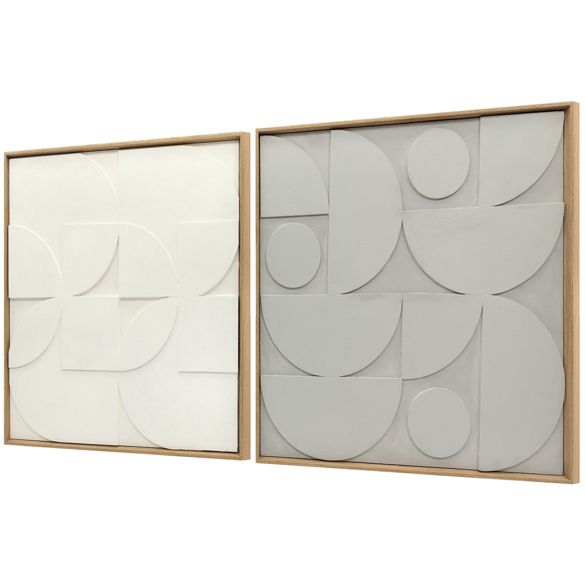 Lot de 2 tableaux murales 3D texturés gris blanc - tableaux décoratifs en relief 80 x 80 cm - cadre effet bois