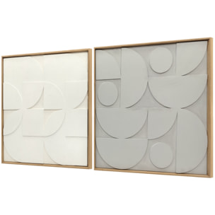Lot de 2 tableaux murales 3D texturés gris blanc - tableaux décoratifs en relief 80 x 80 cm - cadre effet bois