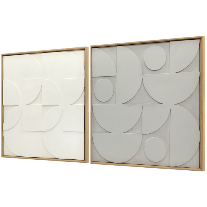 Lot de 2 tableaux murales 3D texturés gris blanc - tableaux décoratifs en relief 80 x 80 cm - cadre effet bois