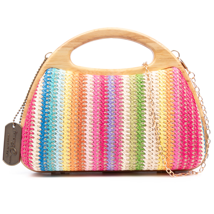 FIRENZE ARTEGIANI Bella Borsa a tracolla da donna. Realizzata in legno naturale e carta con disegno intrecciato. Prodotto in Cina Colore: Arcoiris