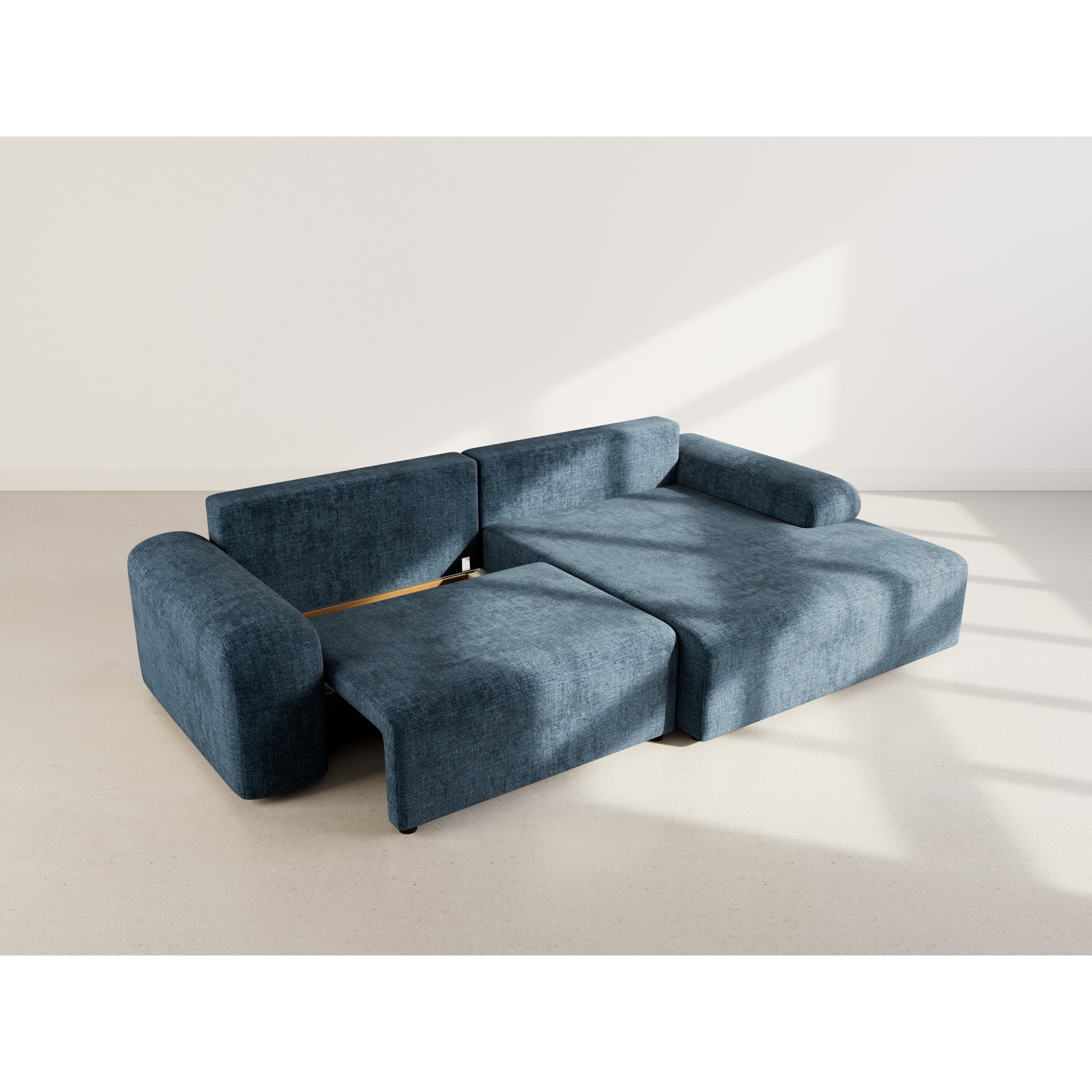 Rebecca - canapé d'angle droit 4 places convertible avec coffre en velours texturé - Bleu