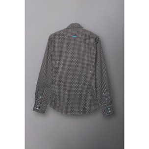 Camicia Uomo 2 Bottoni Button Down Slim Popeline Stampato Marrone Chiaro Bianco