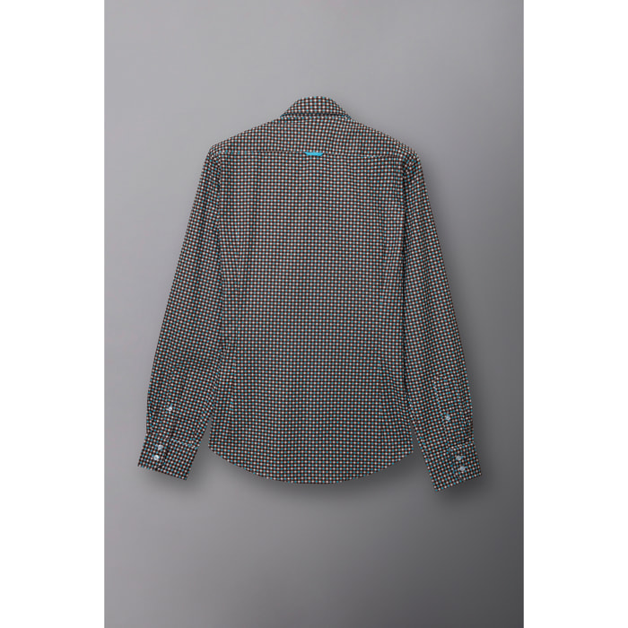 Camicia Uomo 2 Bottoni Button Down Slim Popeline Stampato Marrone Chiaro Bianco