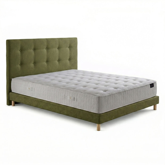 Ensemble matelas ressorts ensachés ARTÉMIS 2, accueil mémoire de forme, H26 cm, sommier et tête de lit vert