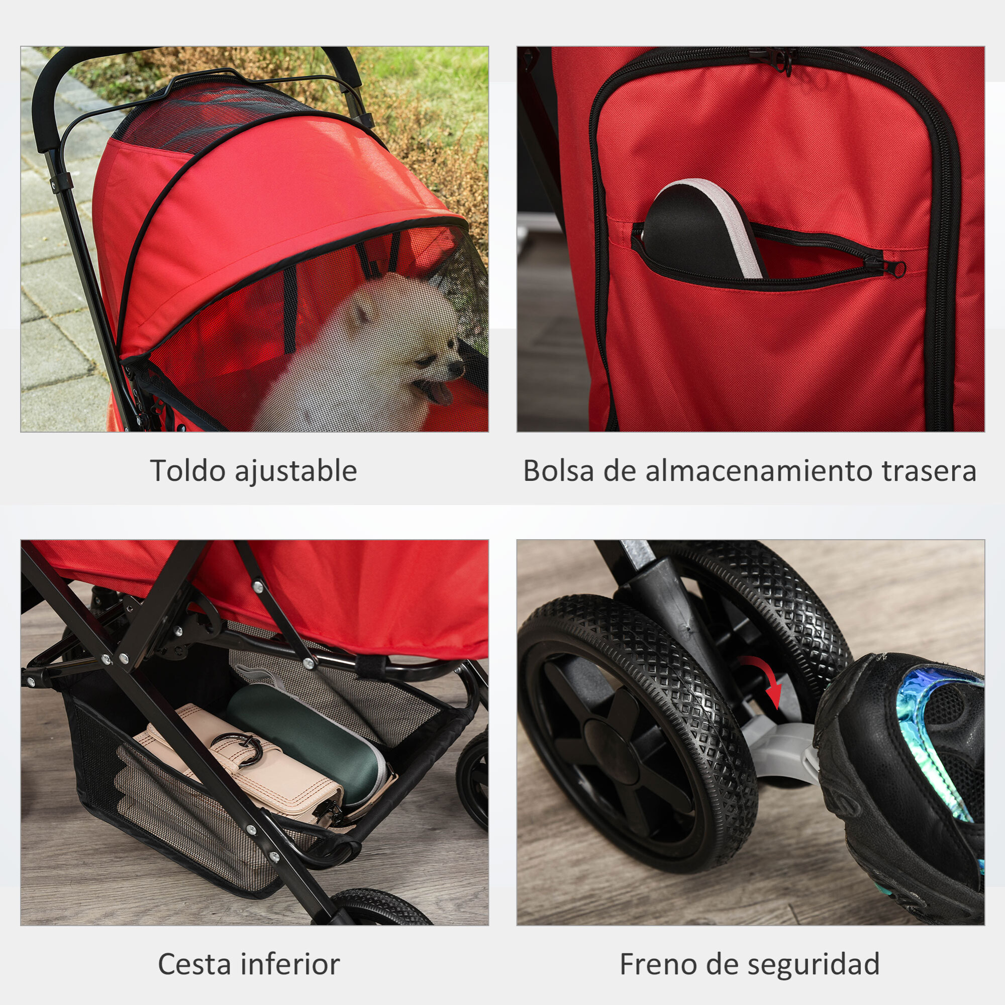 Cochecito para Mascotas Plegable Carrito para Perros Gatos con Toldo Ajustable Cesta de Almacenaje Correas de Seguridad y Frenos Tela Oxford 600D Acero 76,5x52x95 cm Rojo