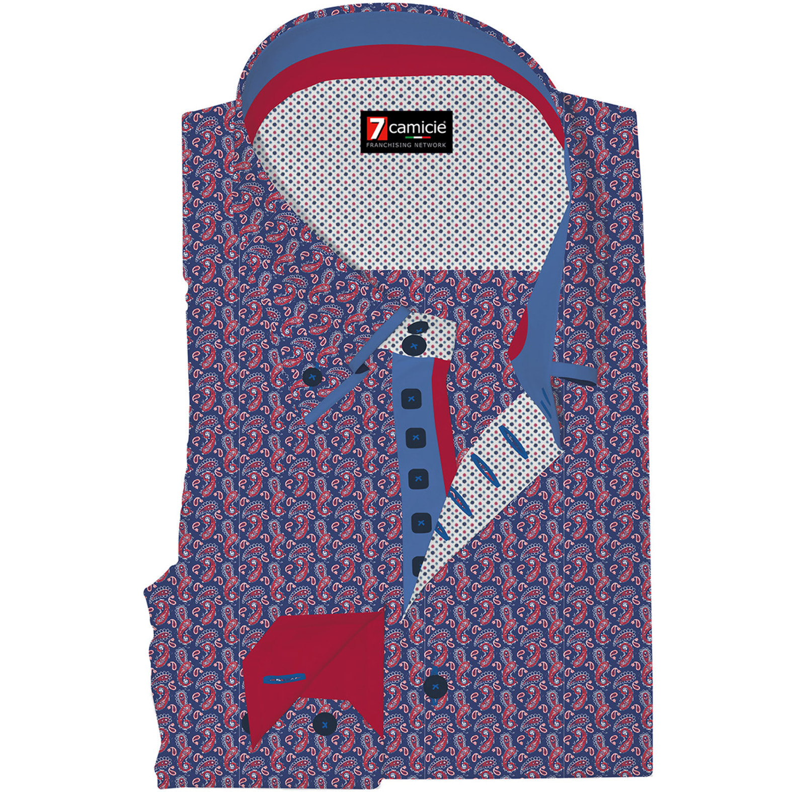 Camicia Uomo 2 Bottoni Button Down 7bottoni Doppio Coll Popeline Stampato Blu e Rosso