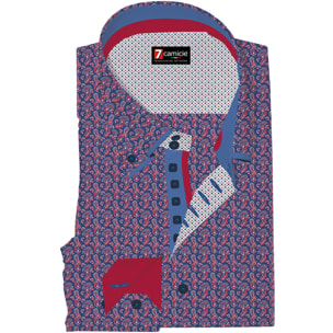 Camicia Uomo 2 Bottoni Button Down 7bottoni Doppio Coll Popeline Stampato Blu e Rosso