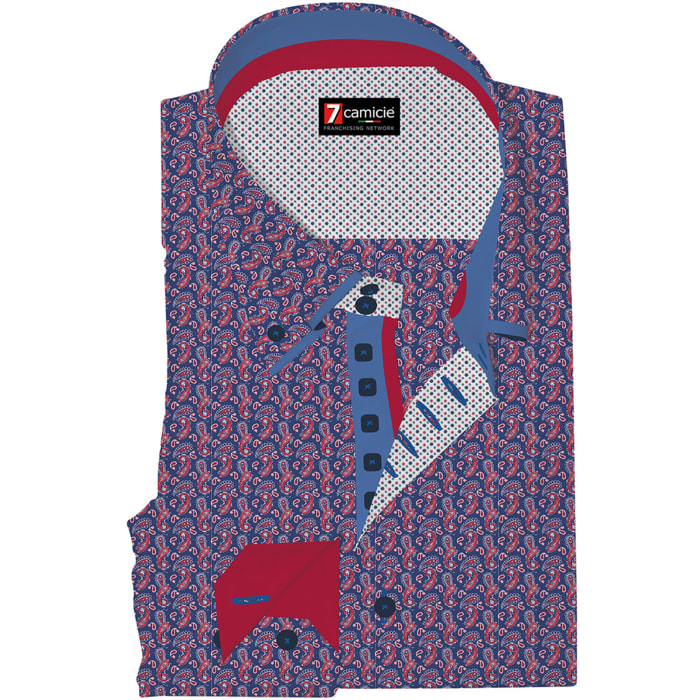 Camicia Uomo 2 Bottoni Button Down 7bottoni Doppio Coll Popeline Stampato Blu e Rosso