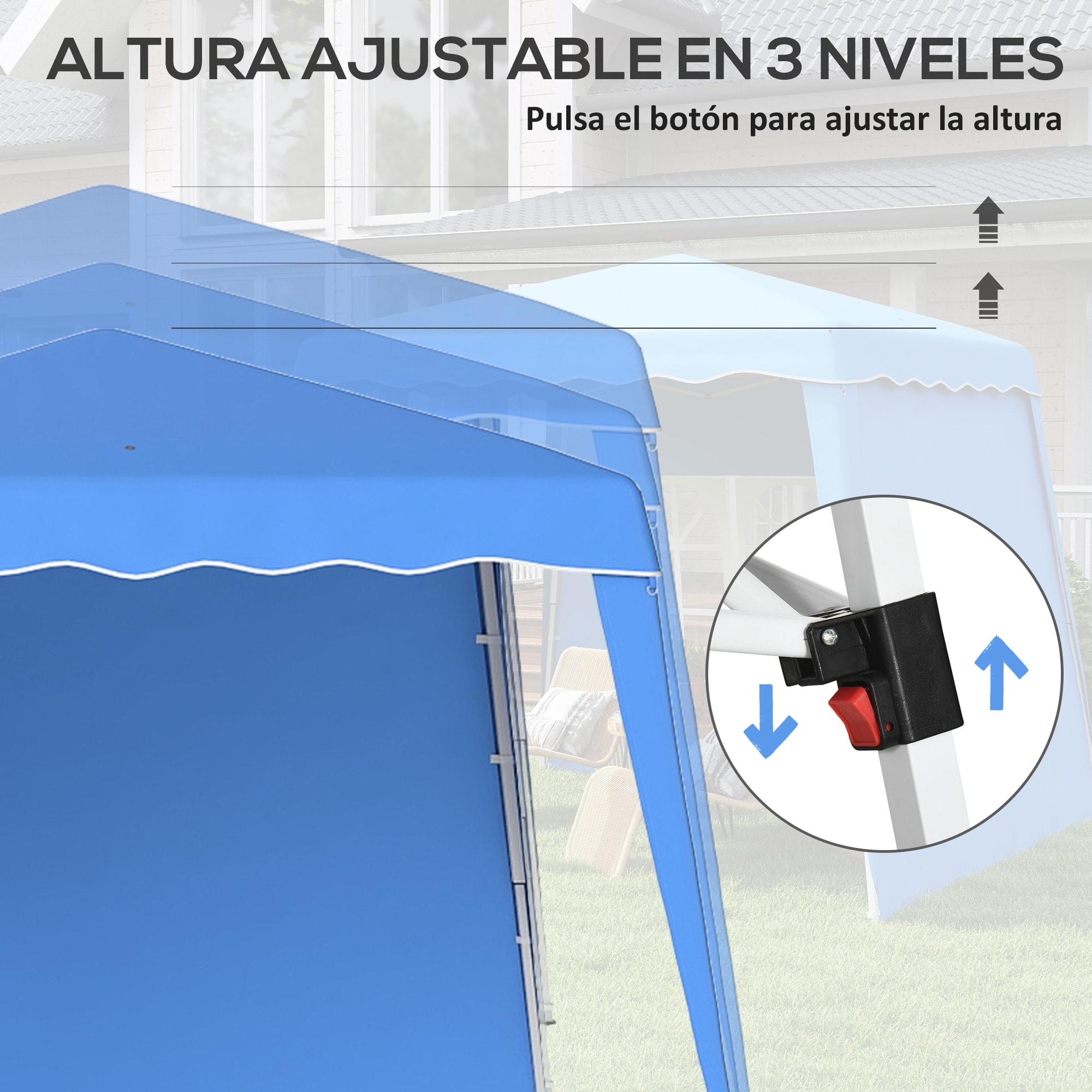 Carpa Plegable Pop-up 3x3 m Cenador Pabellón de Jardín con 2 Paredes Laterales Altura Ajustable y Bolsa de Transporte Protección UV50+ Impermeable Gazebo para Camping Fiestas Exterior Azul