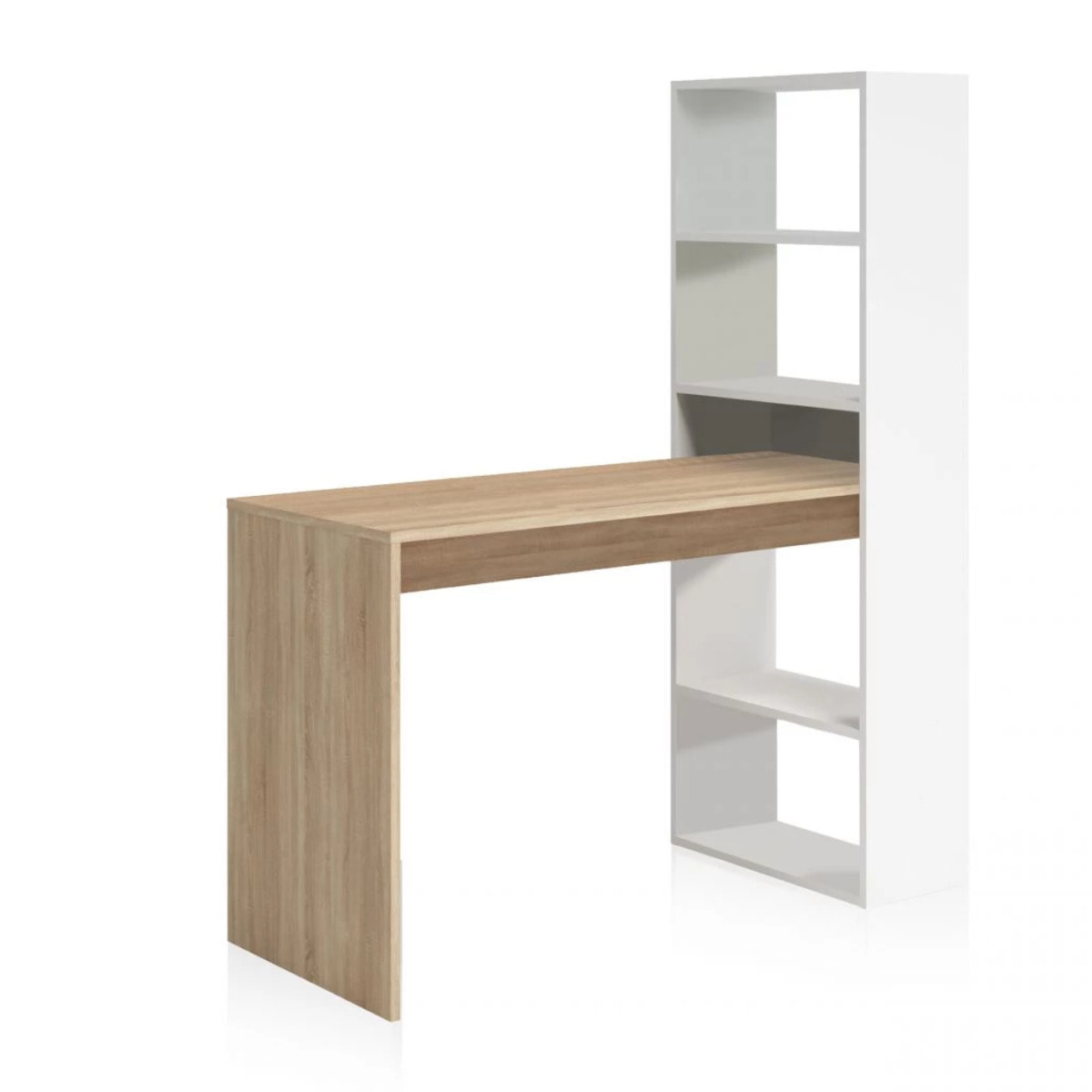 Mesa de escritorio con estantería en blanco artik y roble canadian 120x50 cm Duplo Blanco Artik (Blanco Mate) - Roble Canadian