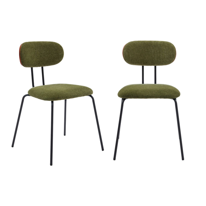 2 chaises décor bois courbé teinté noyer et tissu déperlant kaki. pieds métal noir mat - L 45 x P 55 x H 80cm - Erin