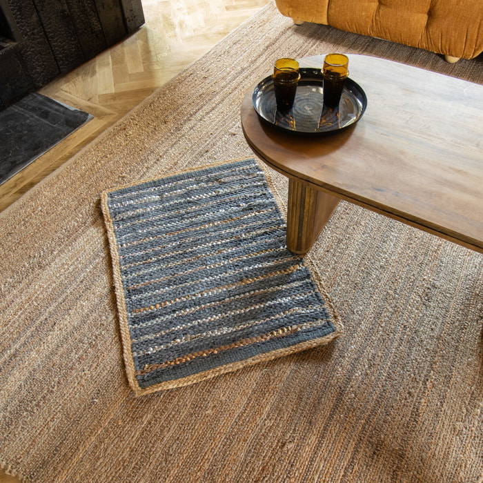 Tapis en cuir, jute et coton bleu et argenté 60x80cm ASMA