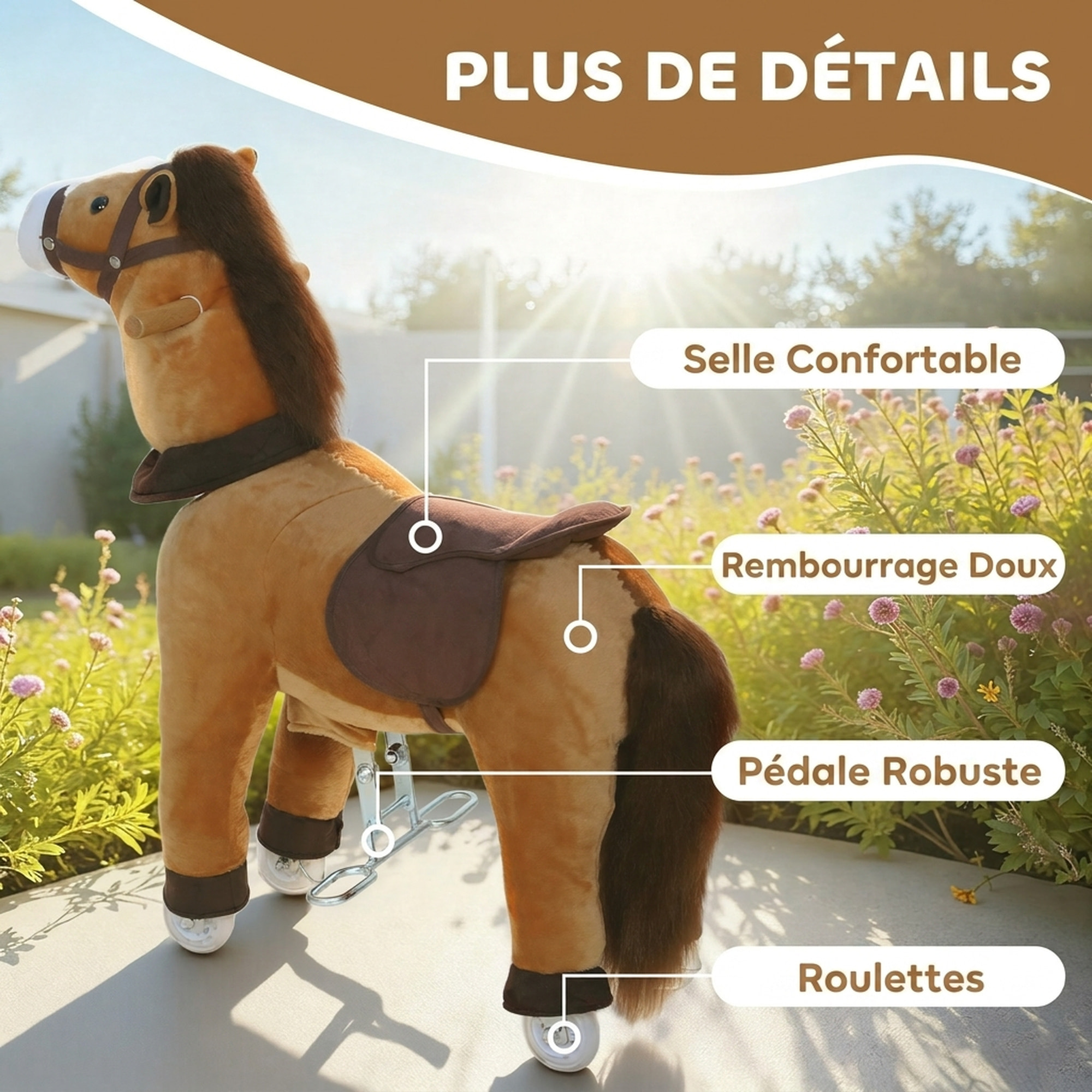 Porteur cheval pour enfant +36 moisà roulettes repose-pieds poignées marron
