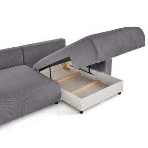 Pivoine - canapé d'angle 4 places réversible convertible avec 2 coffres en velours côtelé - Gris clair