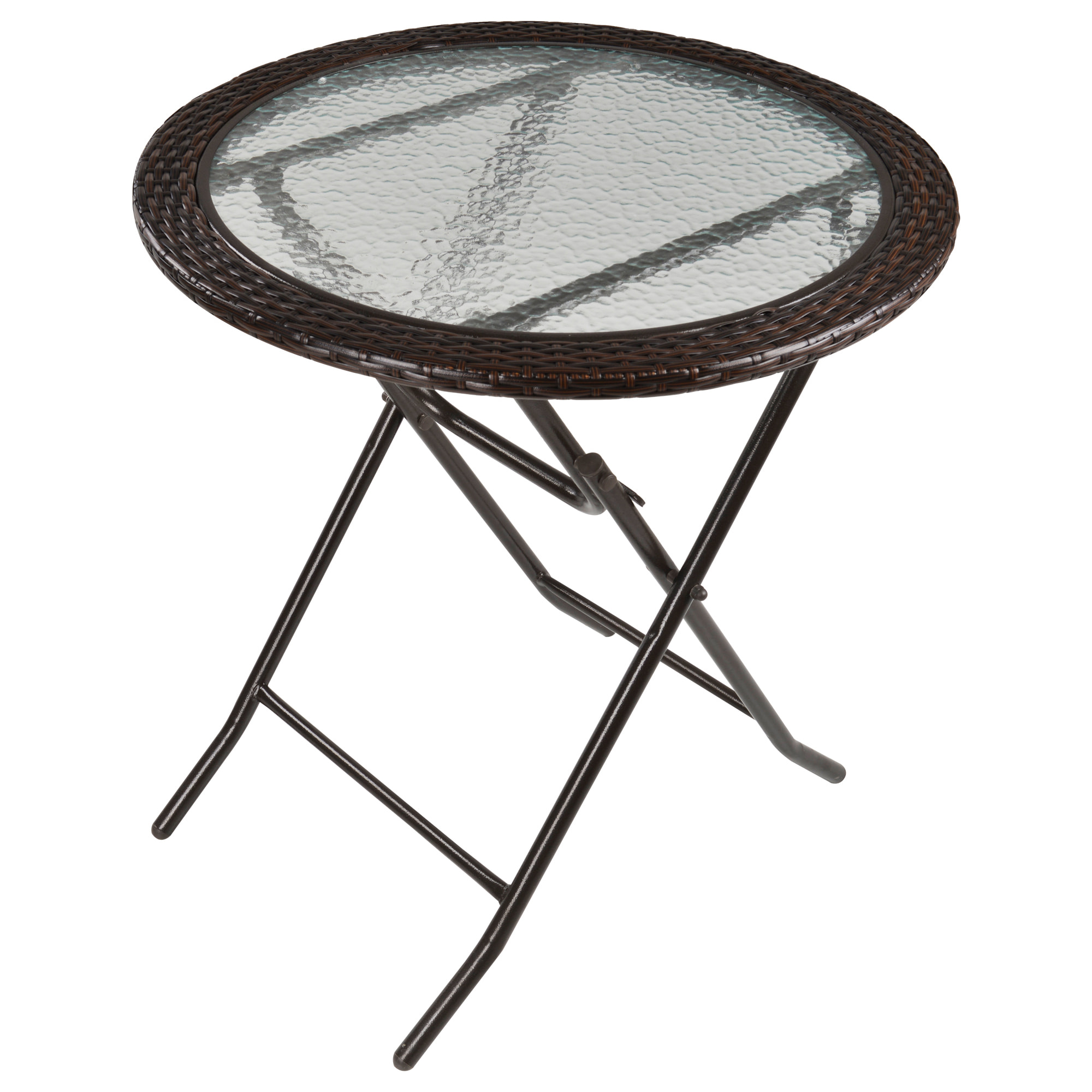 Table ronde bistro de jardin pliable dim. Ø 68 x 73H cm métal époxy résine tressée chocolat plateau verre trempé