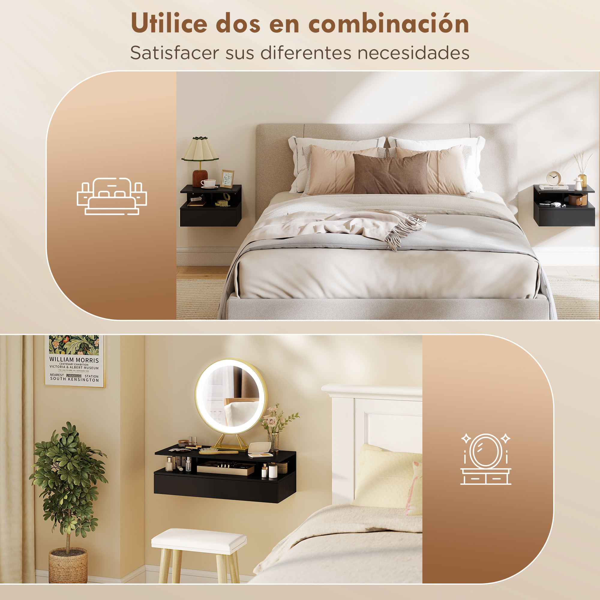 Juego de 2 Mesitas de Noche Flotantes con Cajón, Mesillas de Noche Dormitorio, Montado en la Pared, Estilo Moderno, para Sala de Estar, 35x32x22,5 cm, Negro