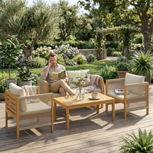 Conjunto de Jardín Exterior de 4 Piezas, Muebles Jardín Exterior con Sofá de 2 Plazas, 2 Sillones, Mesa de Madera de Acacia, Cojines Acolchados y Decoración de Cuerda PP, para Terraza, Beige