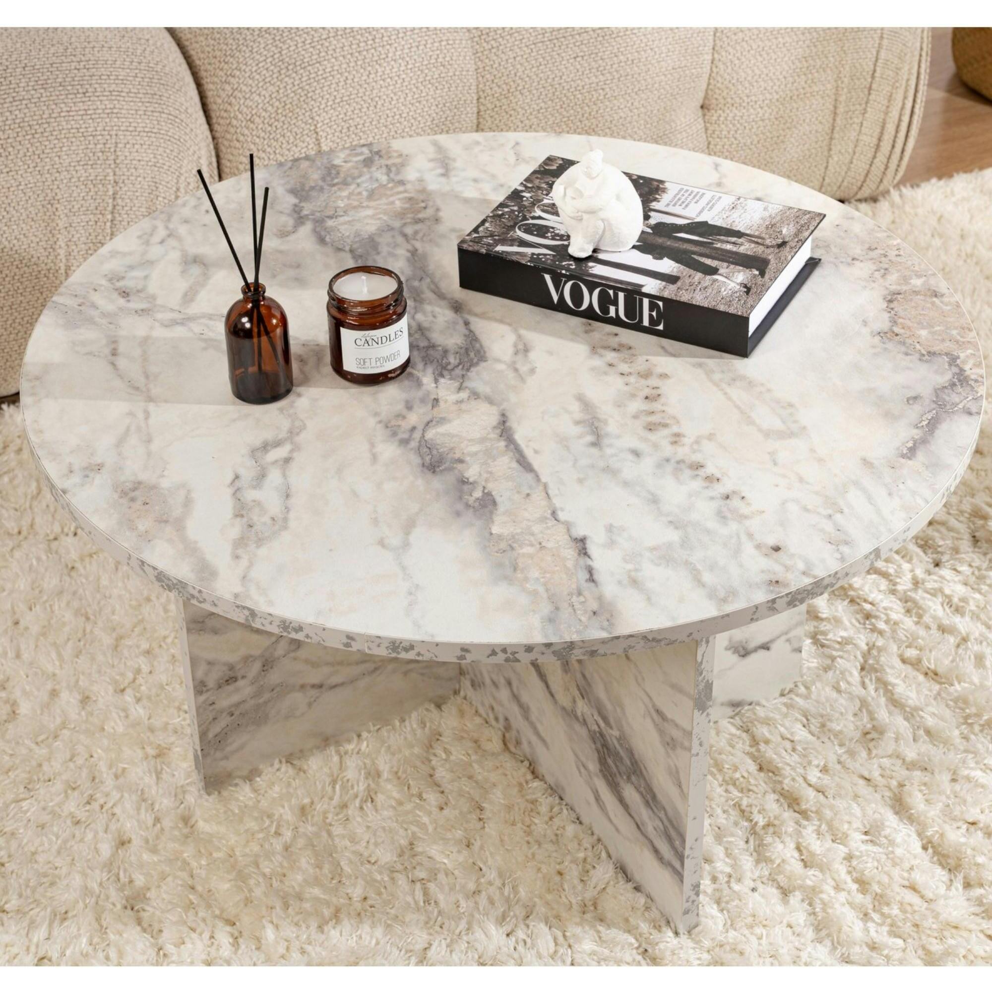 Table basse ronde effet marbre – pied croisé design MARFA