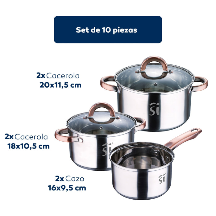 Batería de cocina 10pc en acero inox 2xø16cm 2xø18cm 2xø20cm con tapas san ignacio