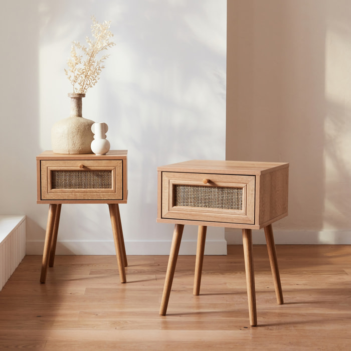 Lot de 2 tables de chevet effet bois & cannage avec 1 tiroir - Bohème