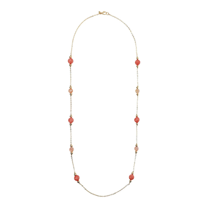 Collana Lunga Catena Rolo e Station di Sfere in Pietre Naturali Rosa