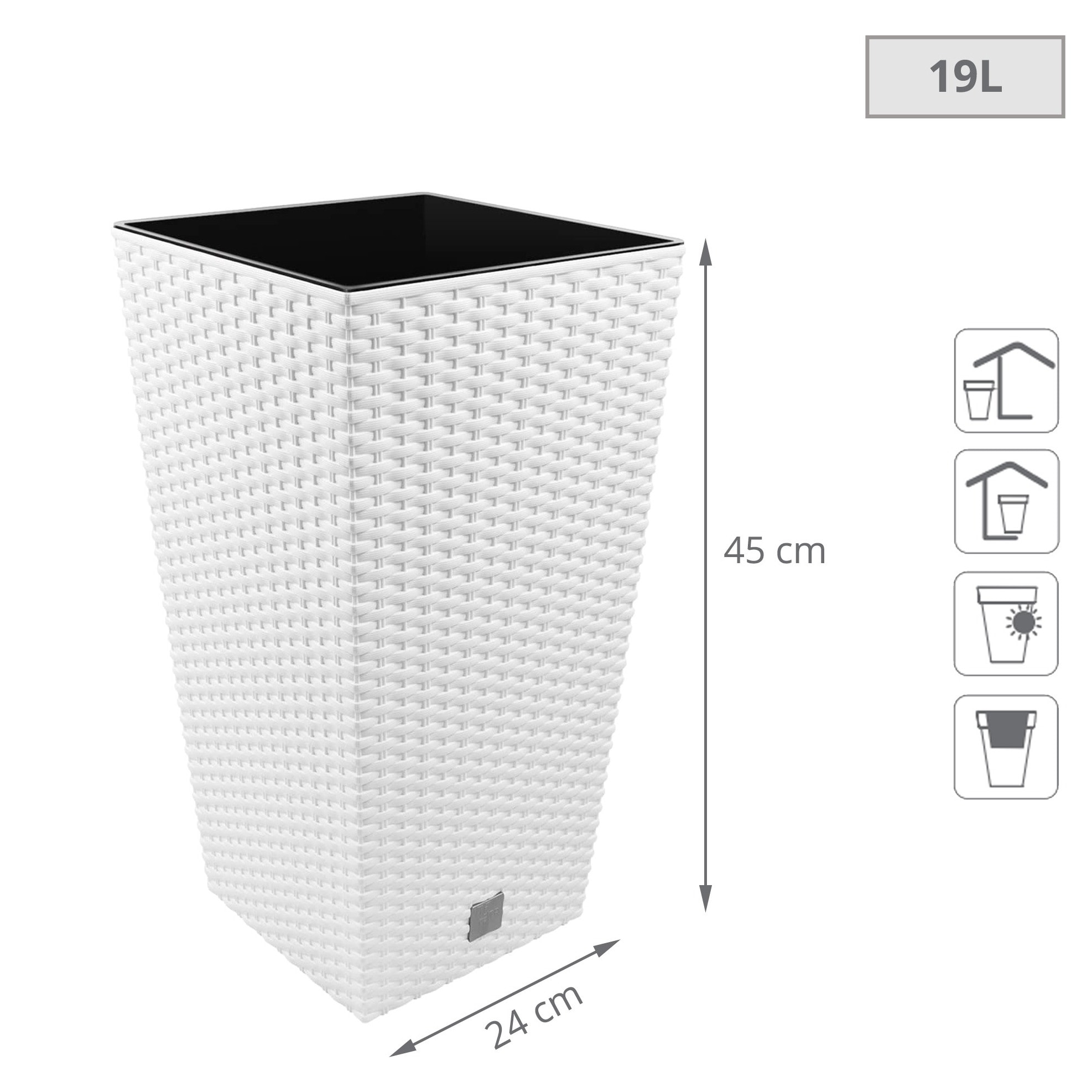 Maceta alta cuadrada 19 l de plástico con depósito en color blanco, 45 (alto) x 24 (ancho) x 24 (profundo) cms