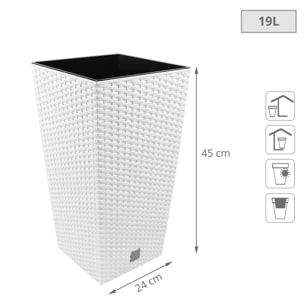 Maceta alta cuadrada 19 l de plástico con depósito en color blanco, 45 (alto) x 24 (ancho) x 24 (profundo) cms