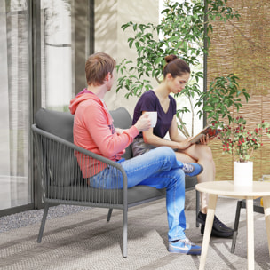 Canapé de jardin 2 places style bohème chic avec coussins assise dossier acier résine filaire gris