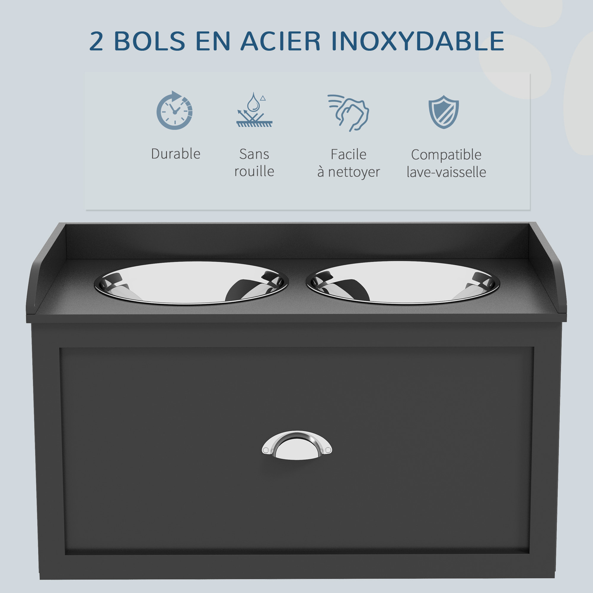 Gamelle double chien chat - porte-gamelles surélevé rangement 2 en 1 - tiroir, 2 gamelles - acier inox. MDF noir