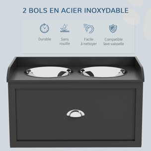 Gamelle double chien chat - porte-gamelles surélevé rangement 2 en 1 - tiroir, 2 gamelles - acier inox. MDF noir