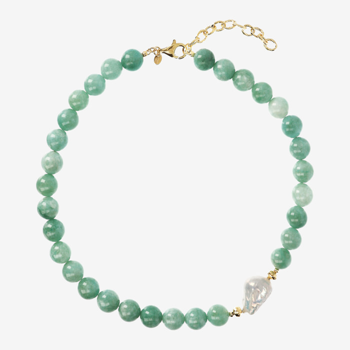 Collana Girocollo con Quarzite Verde e Perla Scaramazza d'Acqua Dolce Bianca Ø 14/14.5 mm in Argento 925 placcato Oro giallo 18Kt