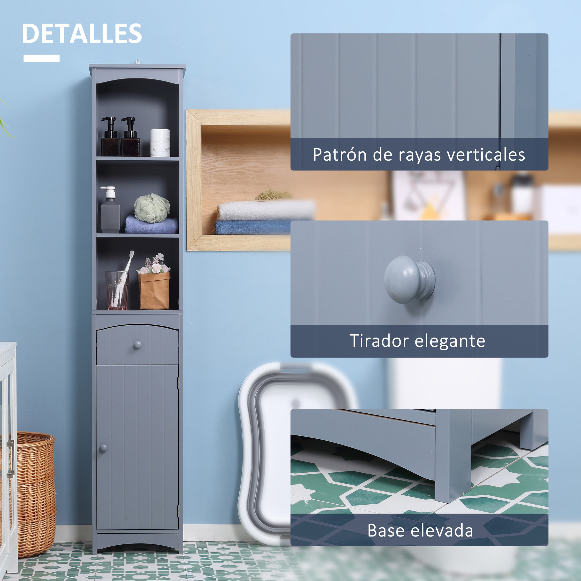 Armario Alto de Baño Estrecho con 1 Cajón y 3 Estantes Abiertos Columna de Baño Estilo Moderno para Salón Aseo Cocina 34x24x170 cm Gris