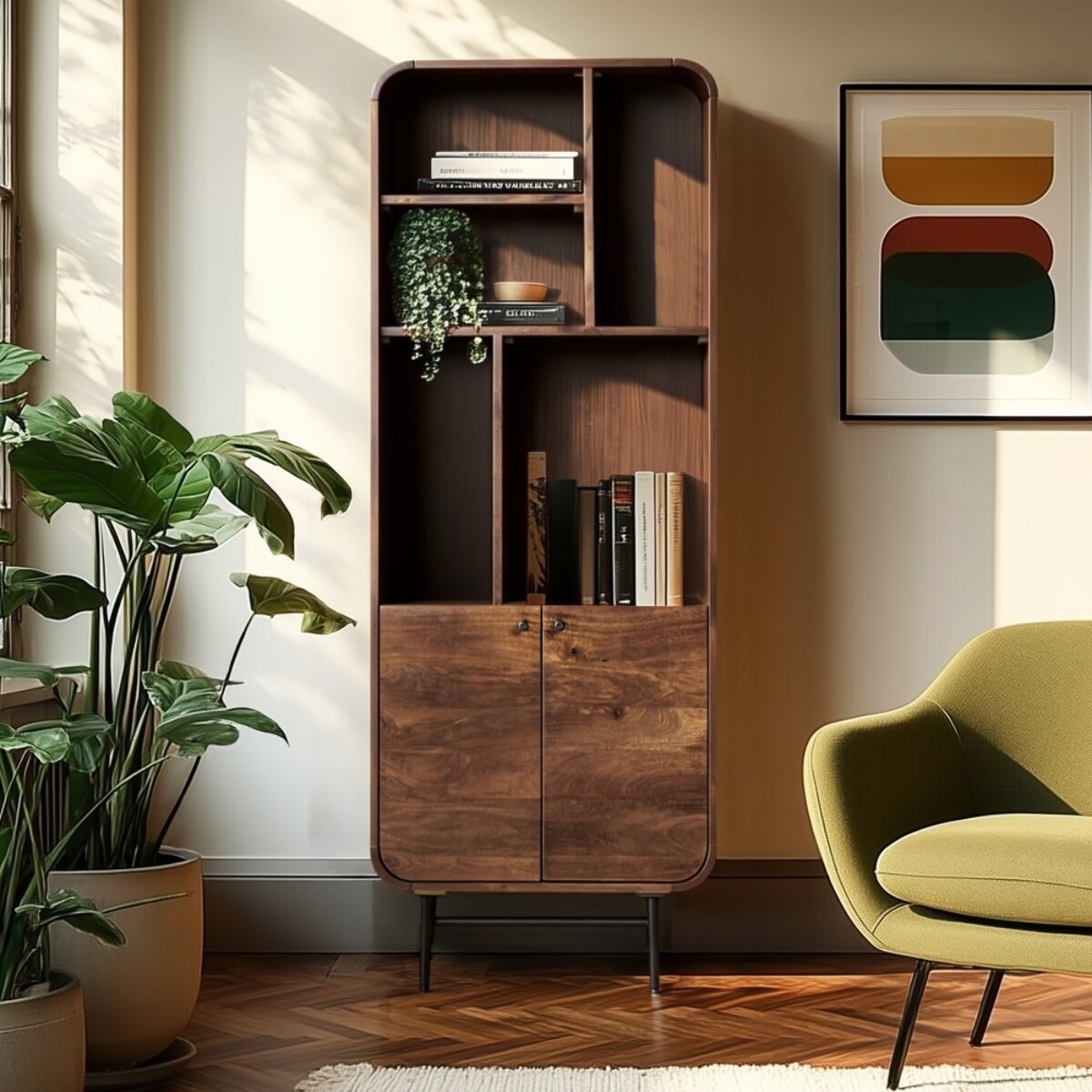 ALIX - Bibliothèque design bois foncé et métal noir 2 portes ALIX
