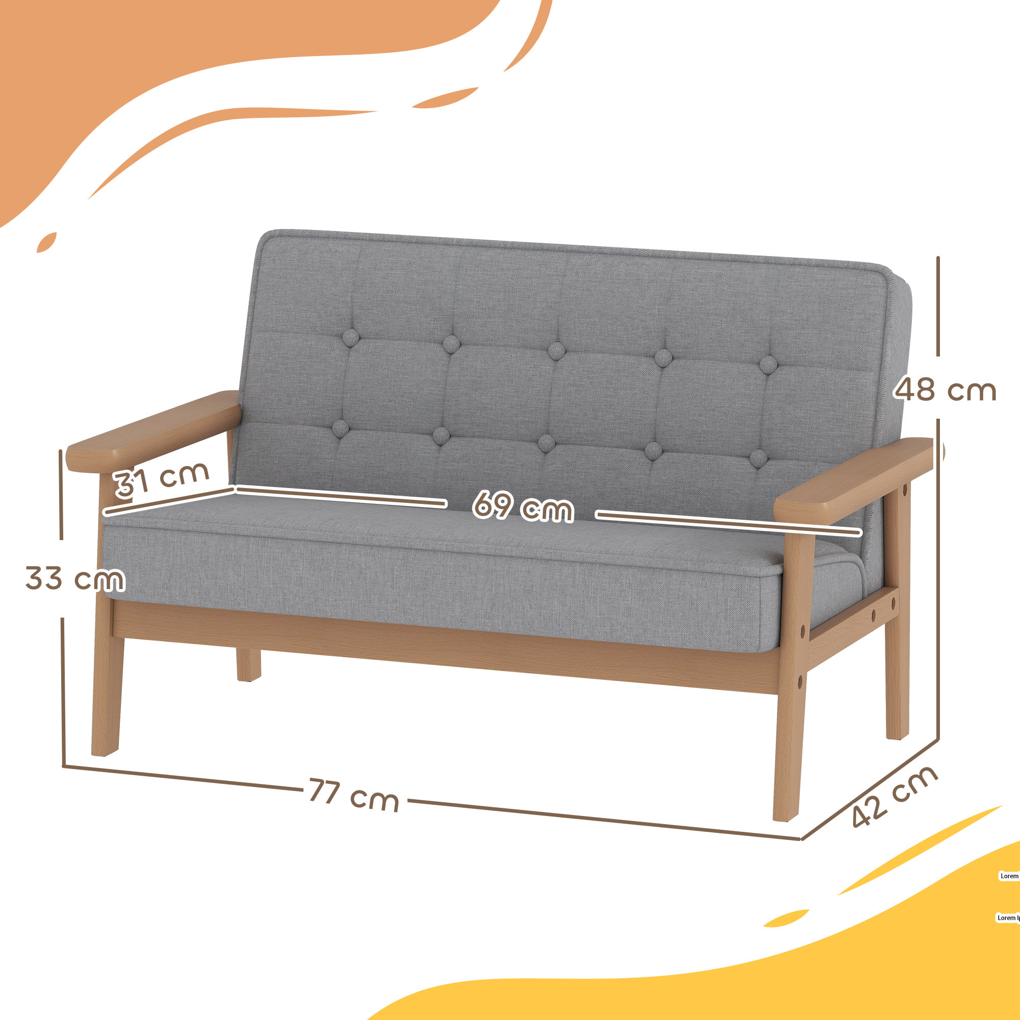 Sofá para Niños de 2 Plazas, Sillón Infantil de Felpa Suave con Estructura de Madera, Asiento y Respaldo Acolchados, Reposabrazos, para Niños de +3 Años, para Dormitorio, Sala de Juego, Gris