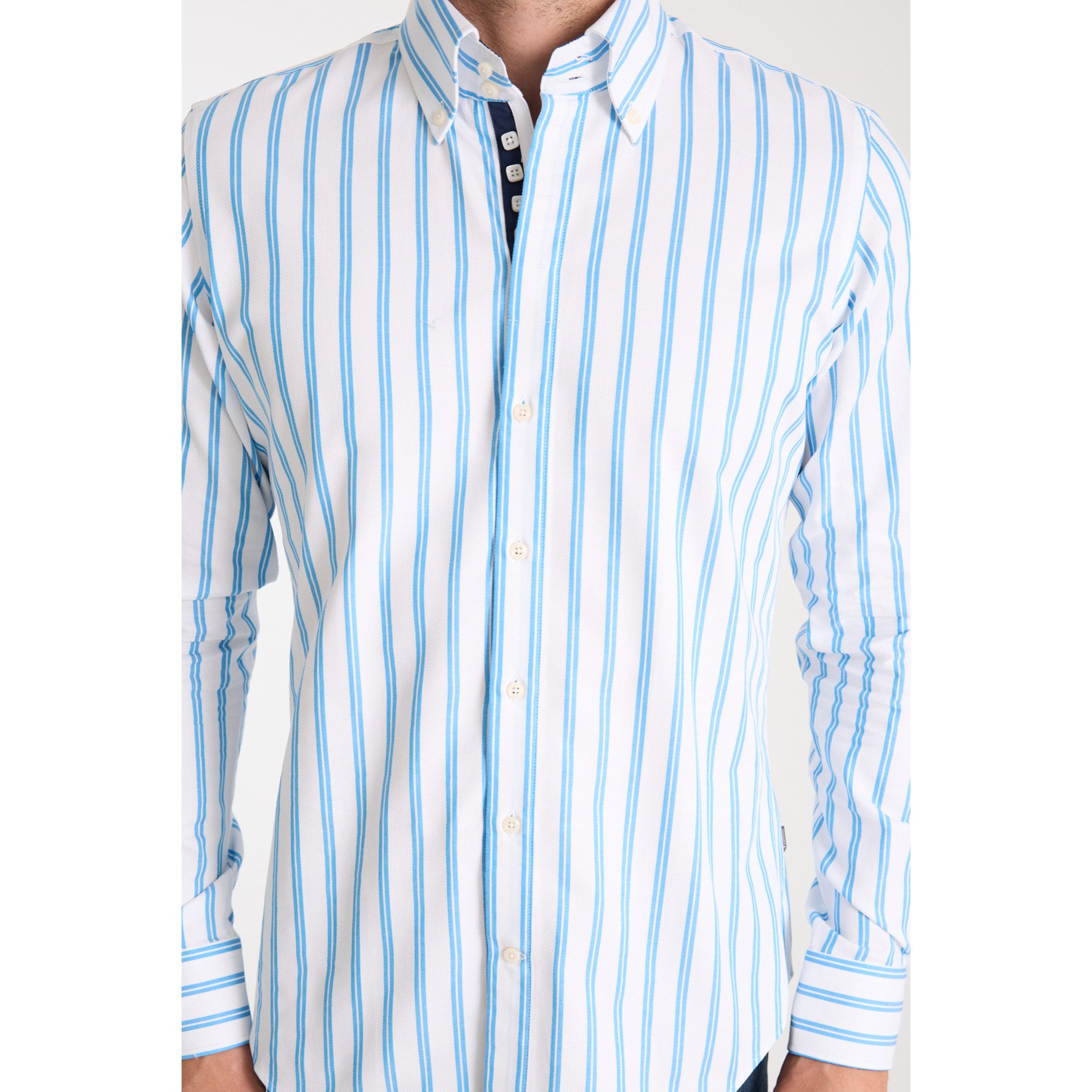 Camicia Uomo 2 Bottoni Button Down Slim Armaturato Riga Larga Bianco e Turchese