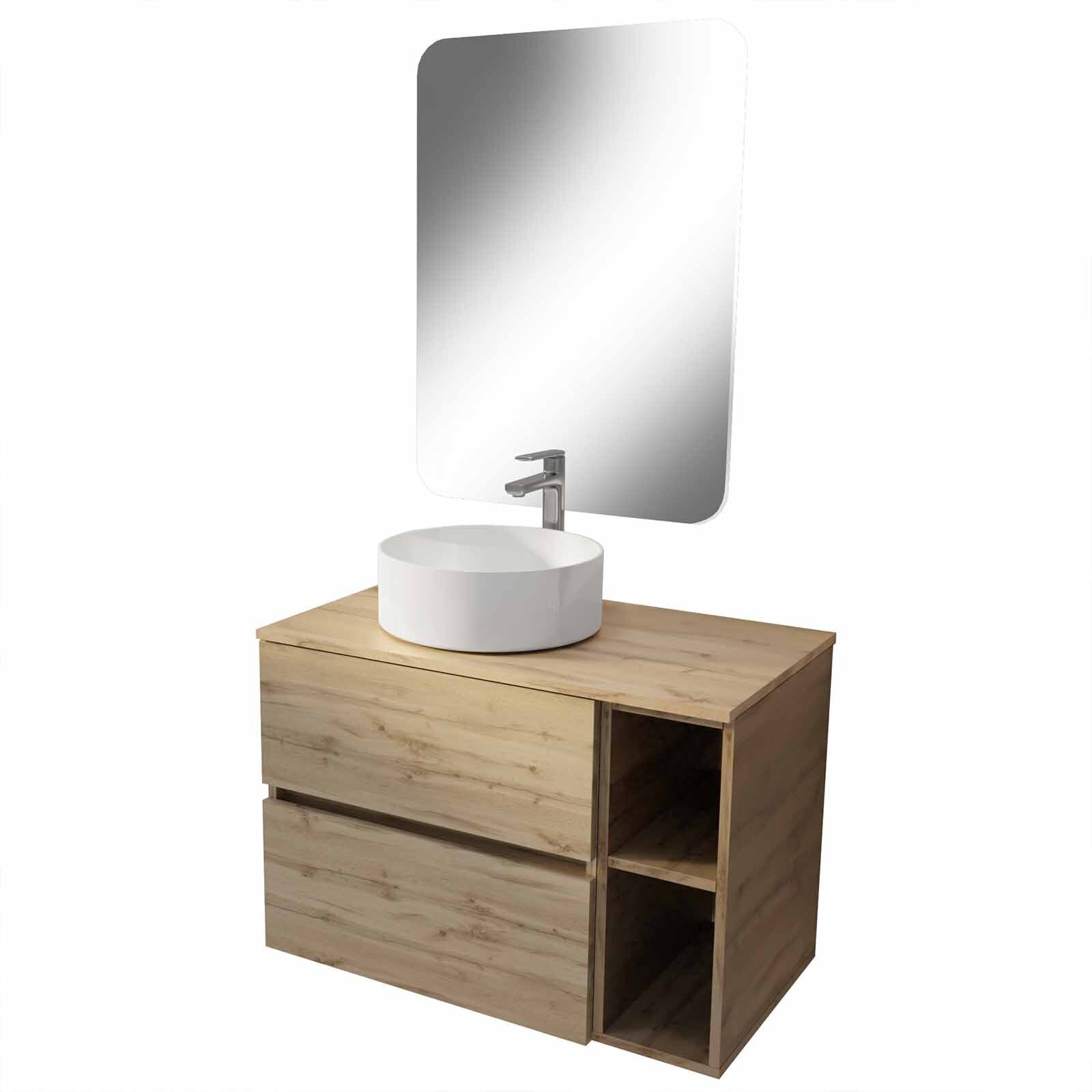Meuble salle de bains 80 TIMBER Décor Chêne Tiroirs + Module - Vasque Blanche - Miroir 60x80