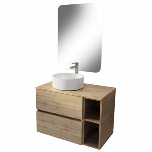 Meuble salle de bains 80 TIMBER Décor Chêne Tiroirs + Module - Vasque Blanche - Miroir 60x80