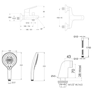 Mitigeur baignoire Aimé + pommeau de douche Metro signature + flexible de douche métal + colonnettes