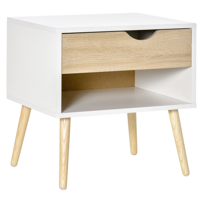 Chevet table de nuit tiroir niche design moderne panneau de particules classe E1 pieds en bois massif 50 x 39 x 51 cm bois de chêne blanc