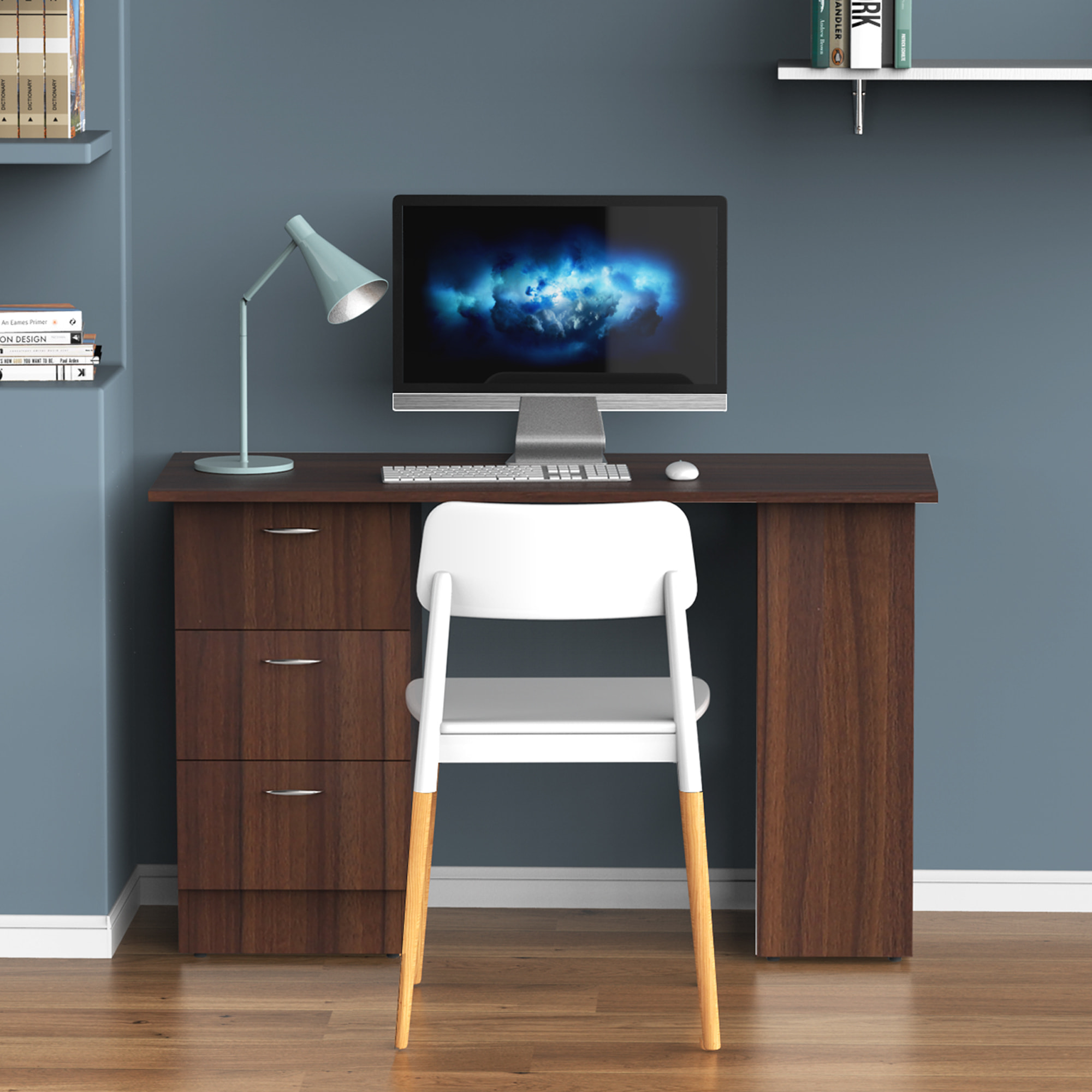 Bureau informatique table multi-fonctions 3 tiroirs 2 étagères dim. 120L x 49l x 72H cm MDF aspect noyer