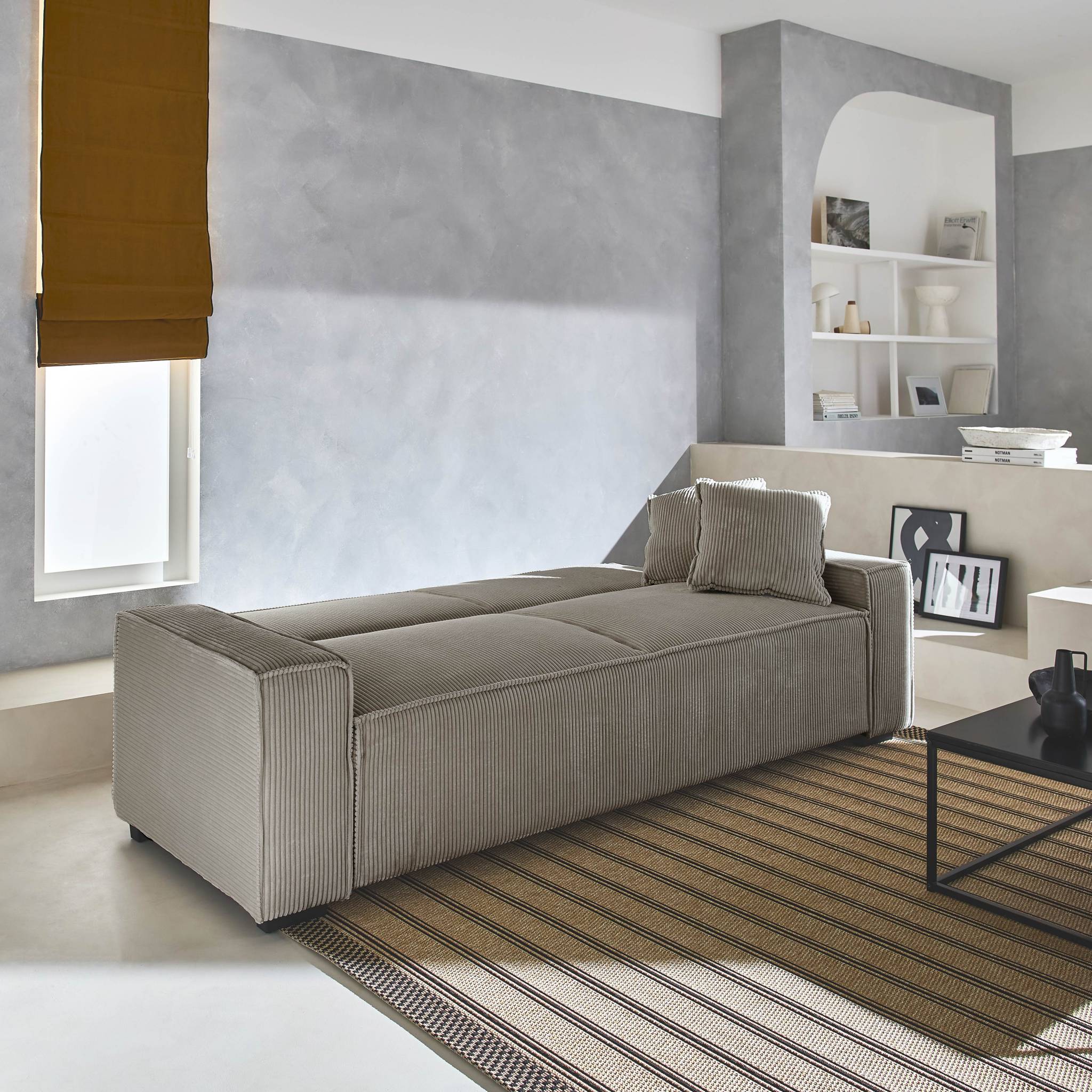 Canapé convertible 3 places beige velours côtelé L 231 x P 96.5 x H 80cm