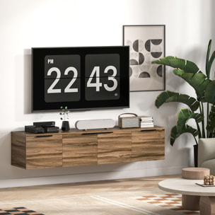 Meuble TV suspendu flottant design effet bois de noyer 4 portes 2 étagères dim. 150 x 35 x 32 cm