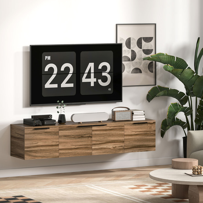 Meuble TV suspendu flottant design effet bois de noyer 4 portes 2 étagères dim. 150 x 35 x 32 cm
