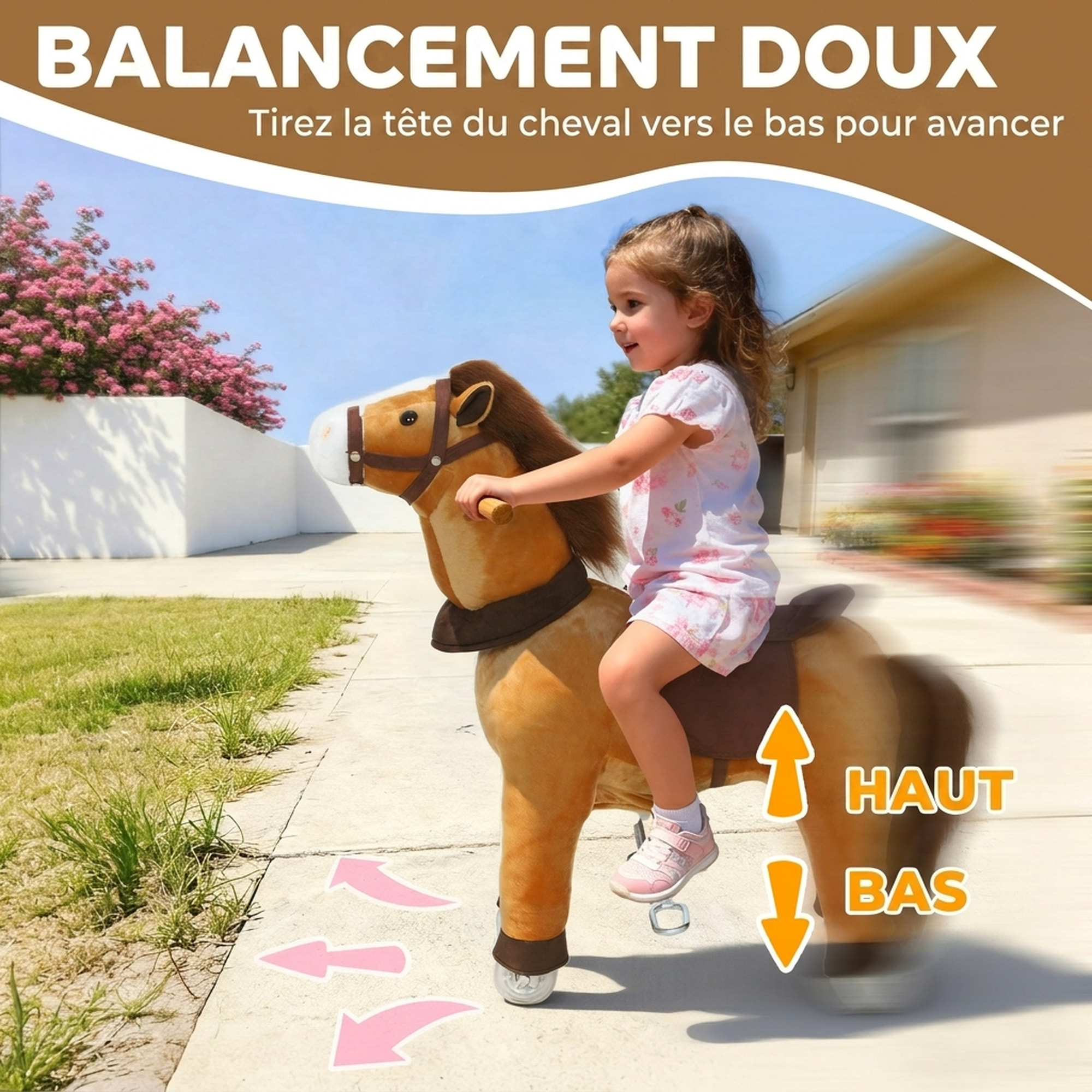 Porteur cheval pour enfant +36 moisà roulettes repose-pieds poignées marron