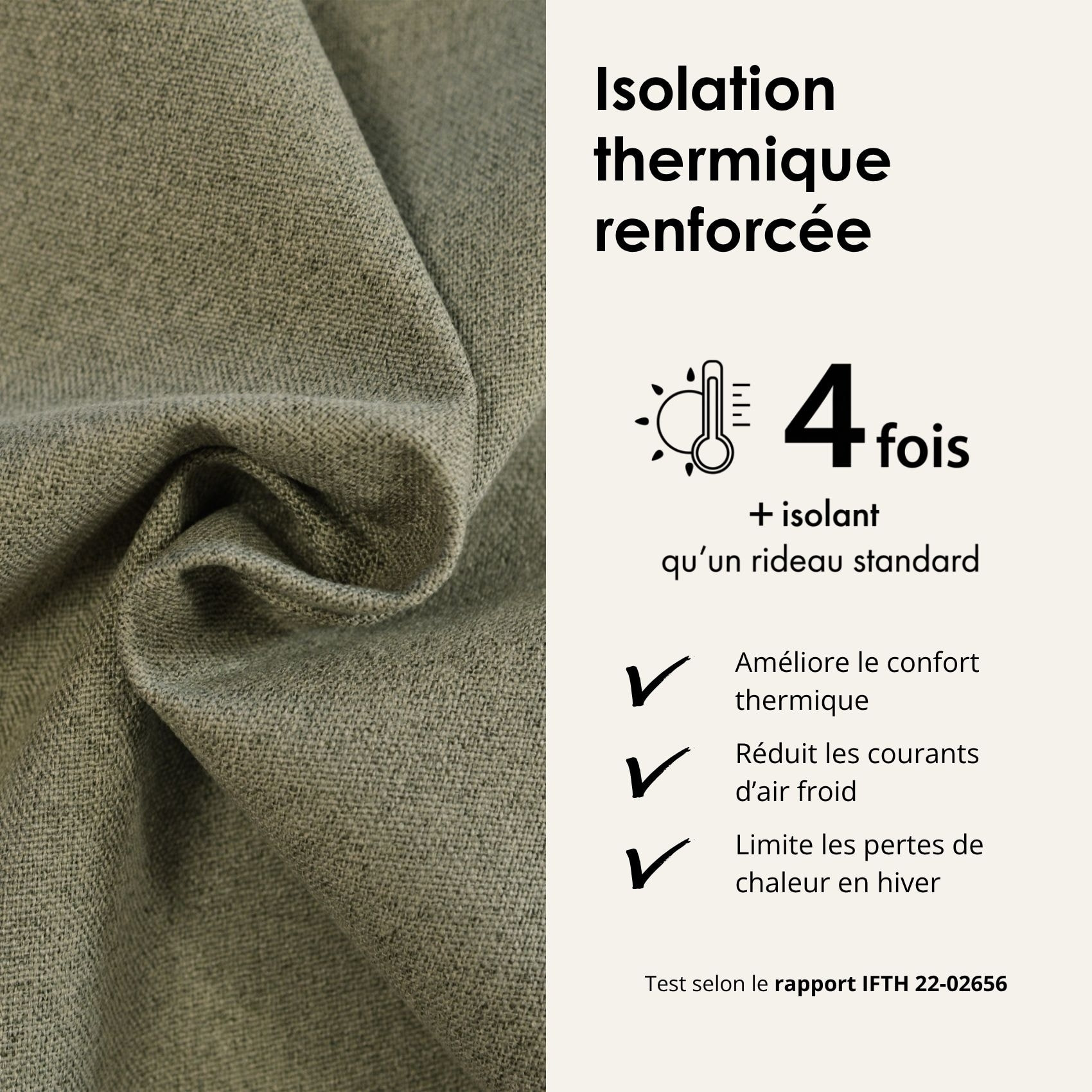 Rideau 100% occultant thermique phonique chiné - Kaki