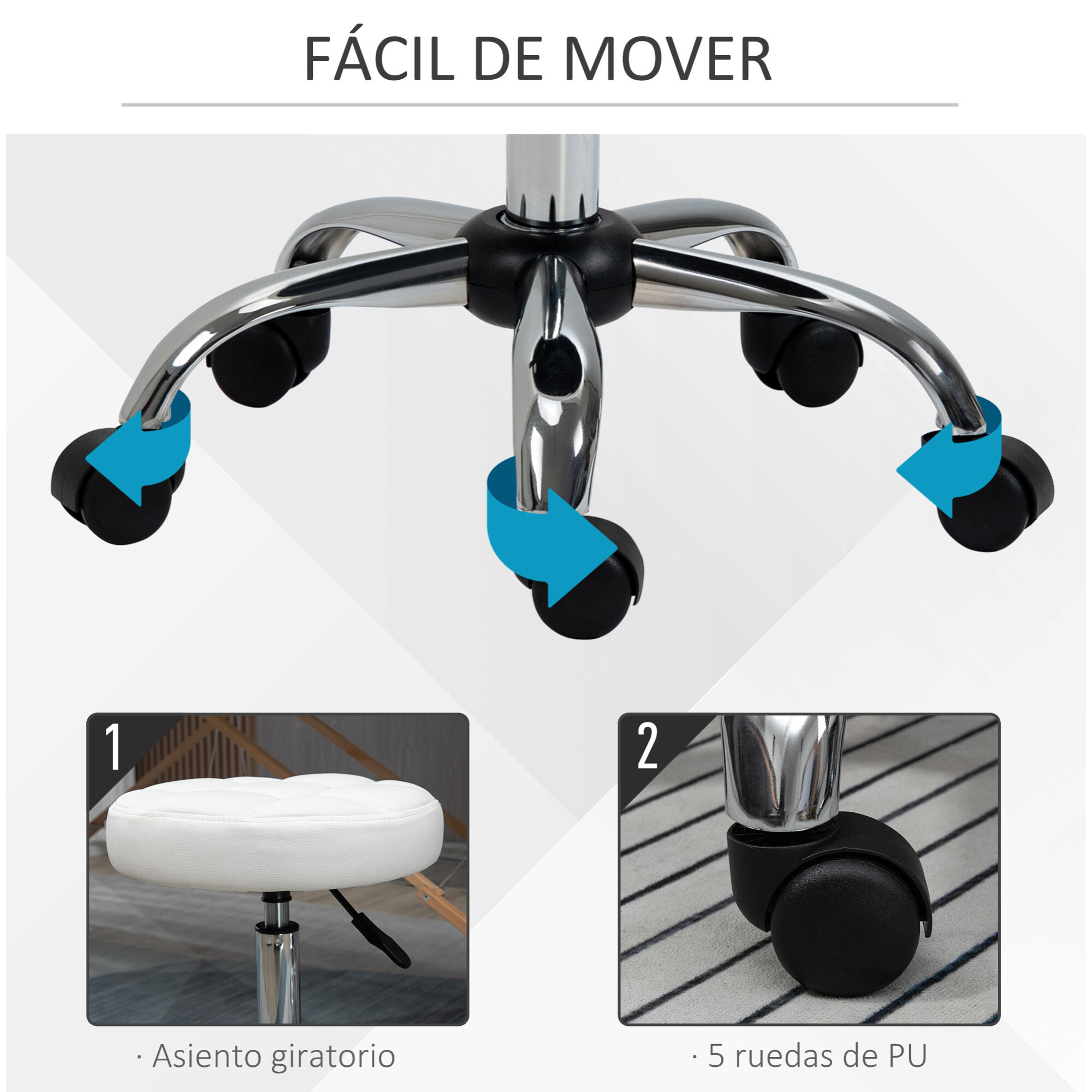 Taburete Giratorio con Ruedas Regulable en Altura de 48-63 cm Taburete de Trabajo Tapizado en Cuero PU para Peluquería Cosmética Dentista Diámetro Ø35,5 cm Blanco